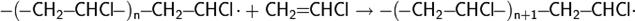 \mathsf{-(\!-CH_2\!\!-\!\!CHCl\!-)_{n}\!\!-\!\!CH_2\!\!-\!\!CHCl\!\cdot+\ CH_2\!\!=\!\!CHCl\rightarrow -(\!-CH_2\!\!-\!\!CHCl\!-)_{n+1}\!\!-\!\!CH_2\!\!-\!\!CHCl\cdot}